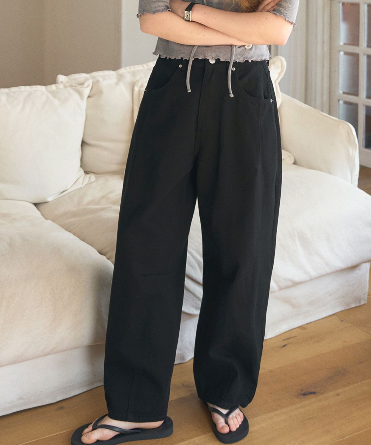 헤인트(HAINT) WIDE VOLUME BAGGY FIT BANDING COTTON PANTS 2COL_BLACK