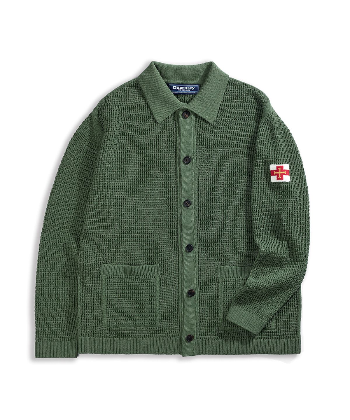 건지 울른스(Guernsey Woollens) 피셔맨 메쉬 카라 가디건 - 헌터 그린