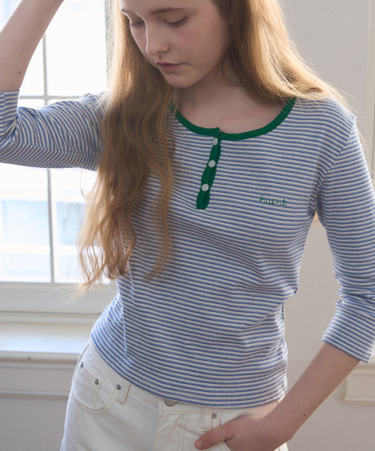 헤인트(HAINT) STRIPE HENRY-NECK T-Shirts 2COL_BLUE