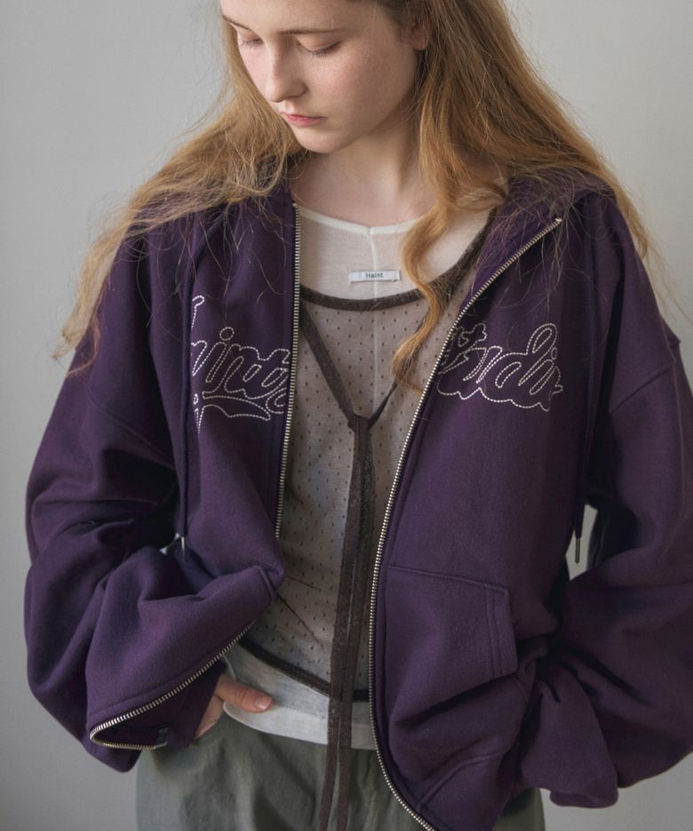LOOSE FIT EMBROIDERY TWOWAY SWEAT HOODIE ZIP-UP 2COL_DEEP PLUM