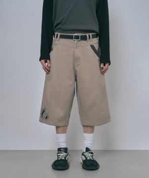 체크 리메이크 코튼 버뮤다 팬츠 - 베이지