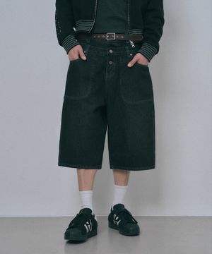 더블 웨이스트 데님 버뮤다팬츠 - 블랙