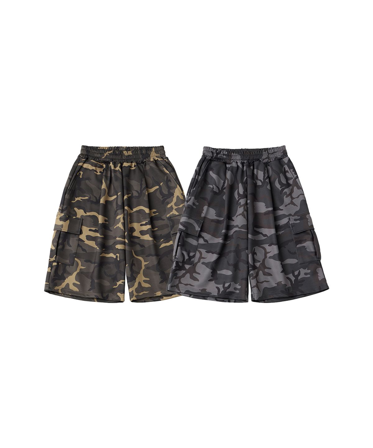 어반에이지(URBANAGE) [2PACK] 버뮤다 카모 와이드 카고 스웨트 숏 팬츠_2color