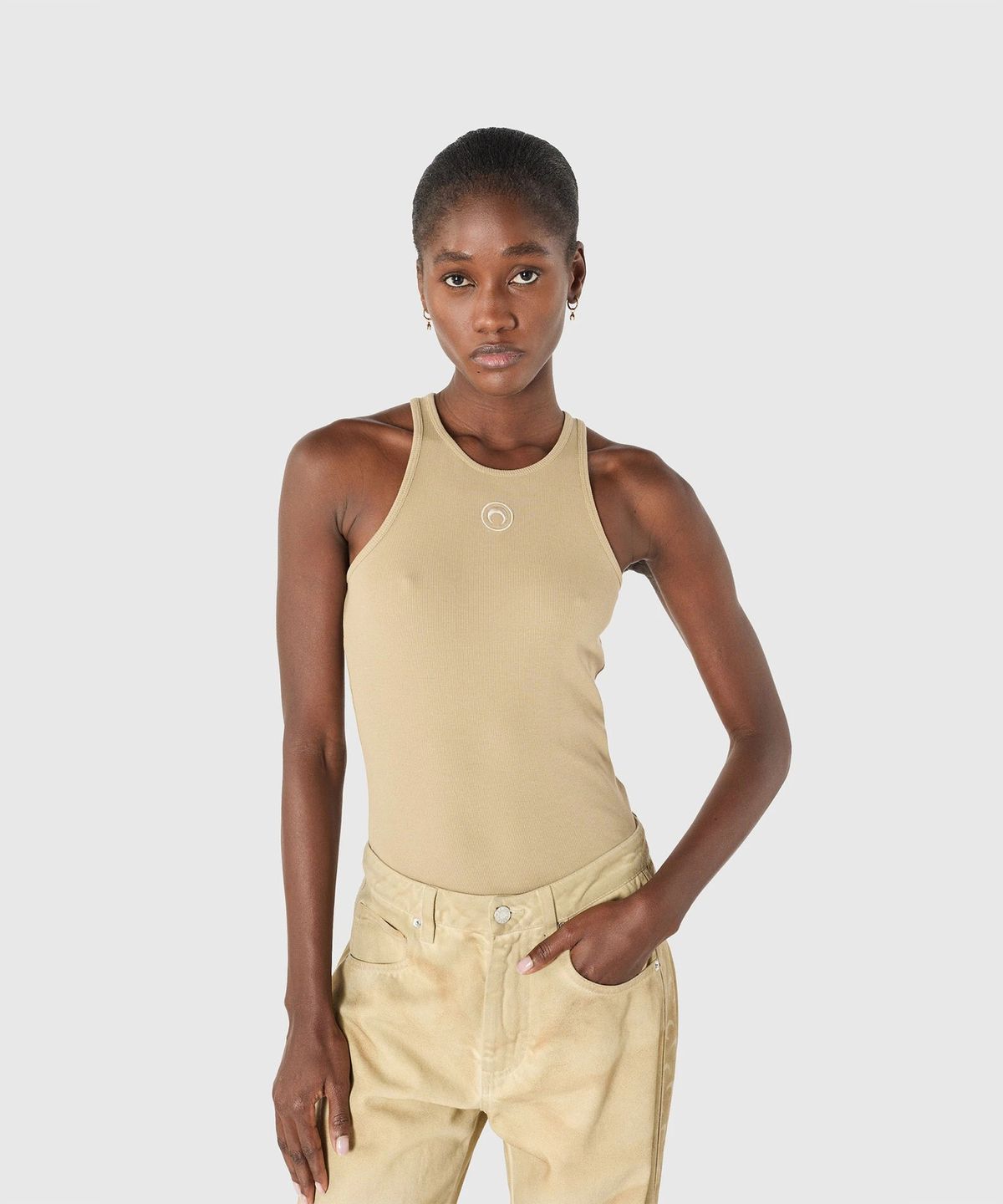 마린 세르(MARINE SERRE) (W) 문 로고 리브드 저지 탱크탑 토프 MOON LOGO RIBBED JERSEY TANK TOP BG40 TAUPE