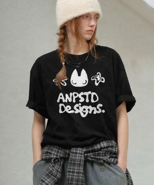 스케치 캣 오버핏 반팔 티셔츠 [ 블랙 ]