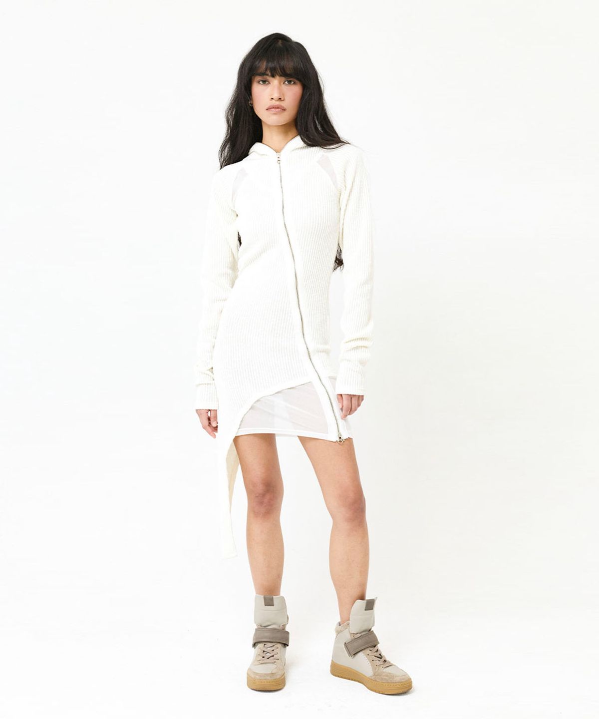 웻태그(WET TAG) HOODED MESH PANEL ZIP-UP DRESS WHITE