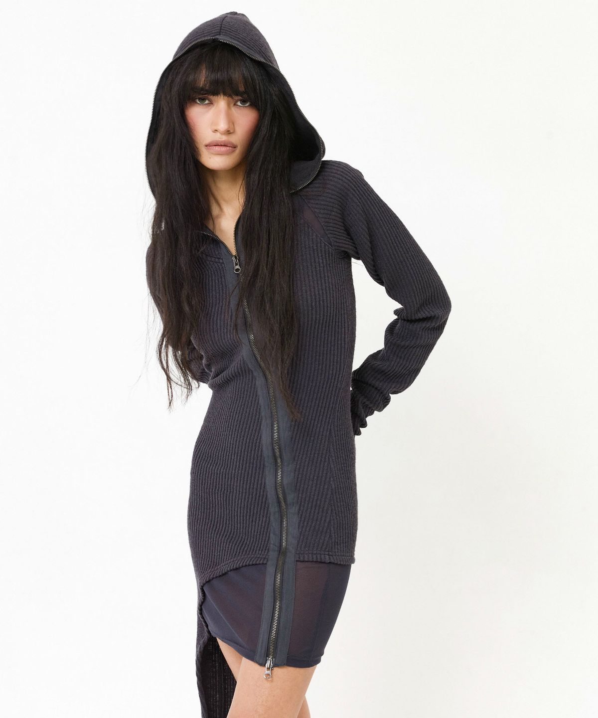 웻태그(WET TAG) HOODED MESH PANEL ZIP-UP DRESS CHARCOAL