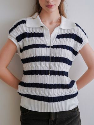 Stripe Cable Collar Knit Top 2colors