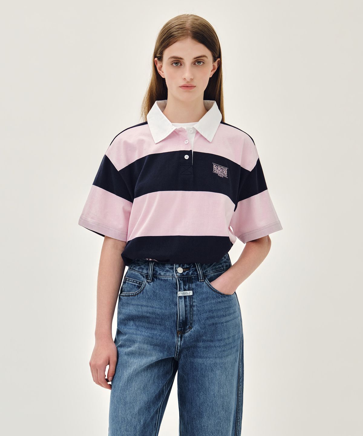 마리떼 프랑소와 저버(MARITHÉ + FRANҪOIS GIRBAUD) SMALL CLASSIC LOGO RUGBY STRIPE OVERSIZED COLLAR TEE pink