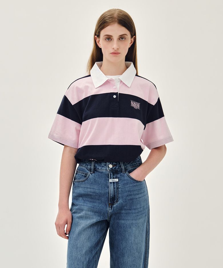 SMALL CLASSIC LOGO RUGBY STRIPE OVERSIZED COLLAR TEE pink