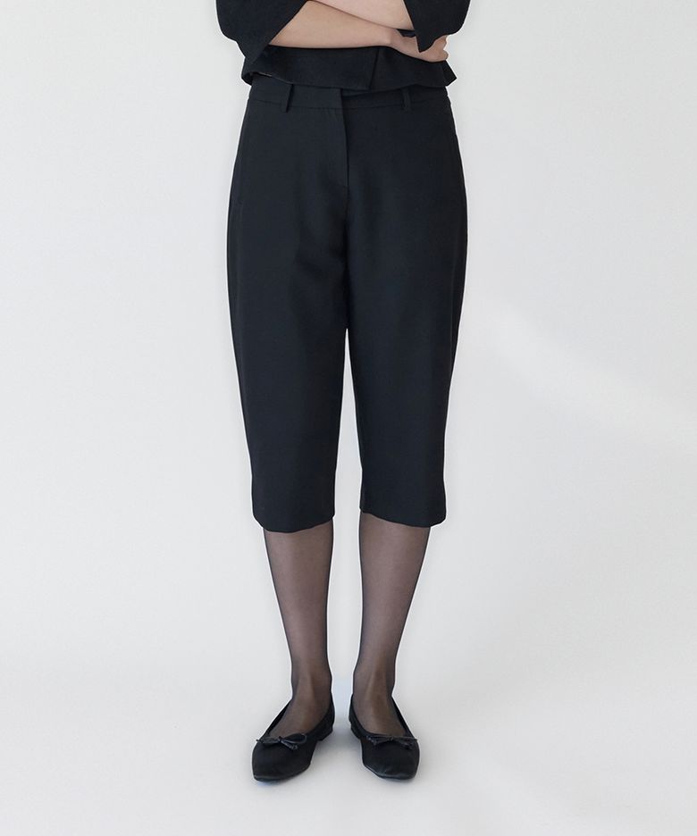 Stretch Diagonal Pocket Slit Capri Pants(Black)