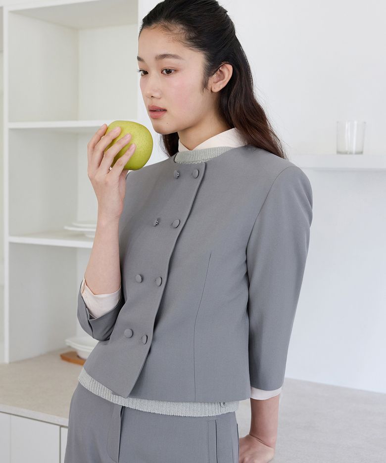 Double Button Crop Sleeve Tweed Jacket(Gray)