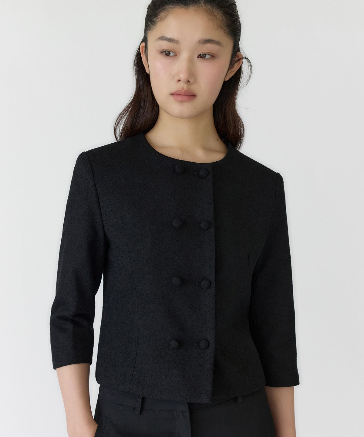 이보크에라(EVOKEERA) Double Button Crop Sleeve Tweed Jacket(Black)