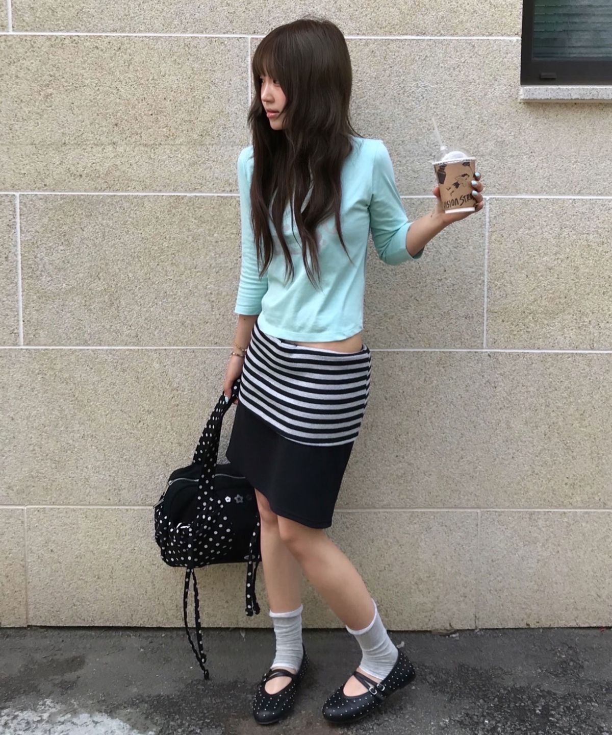 라이라이(LYELYE) Folded colorblock skirt (black)
