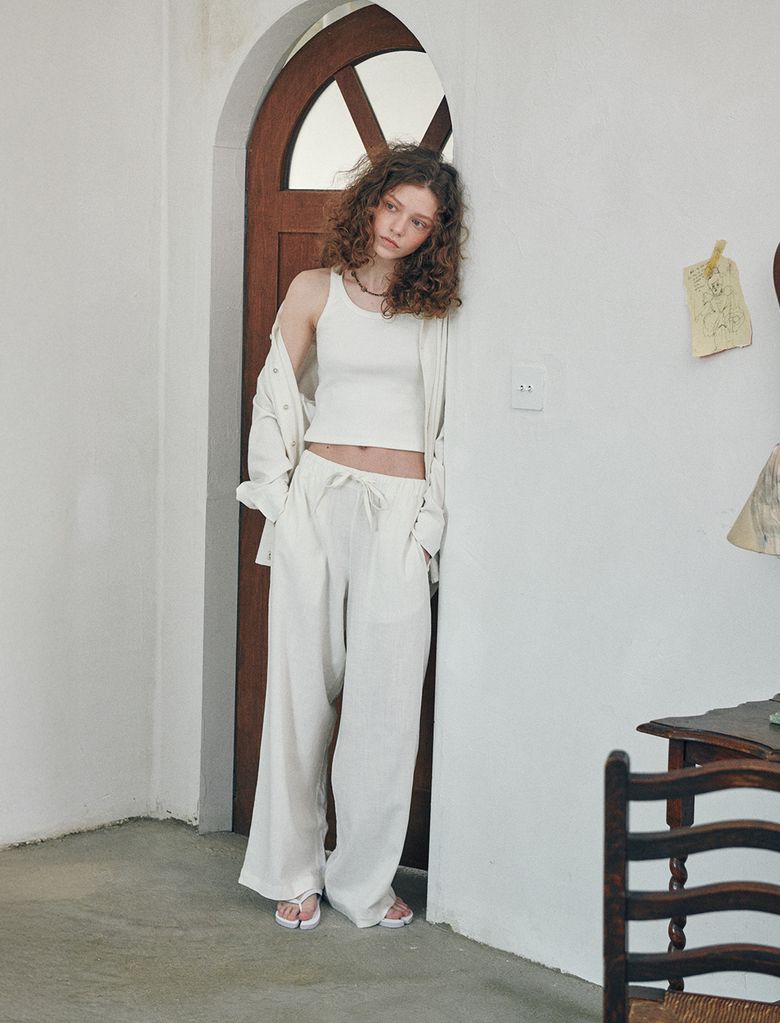 Loen Linen Longsleeve Shirt Wide Pants Set Ivory