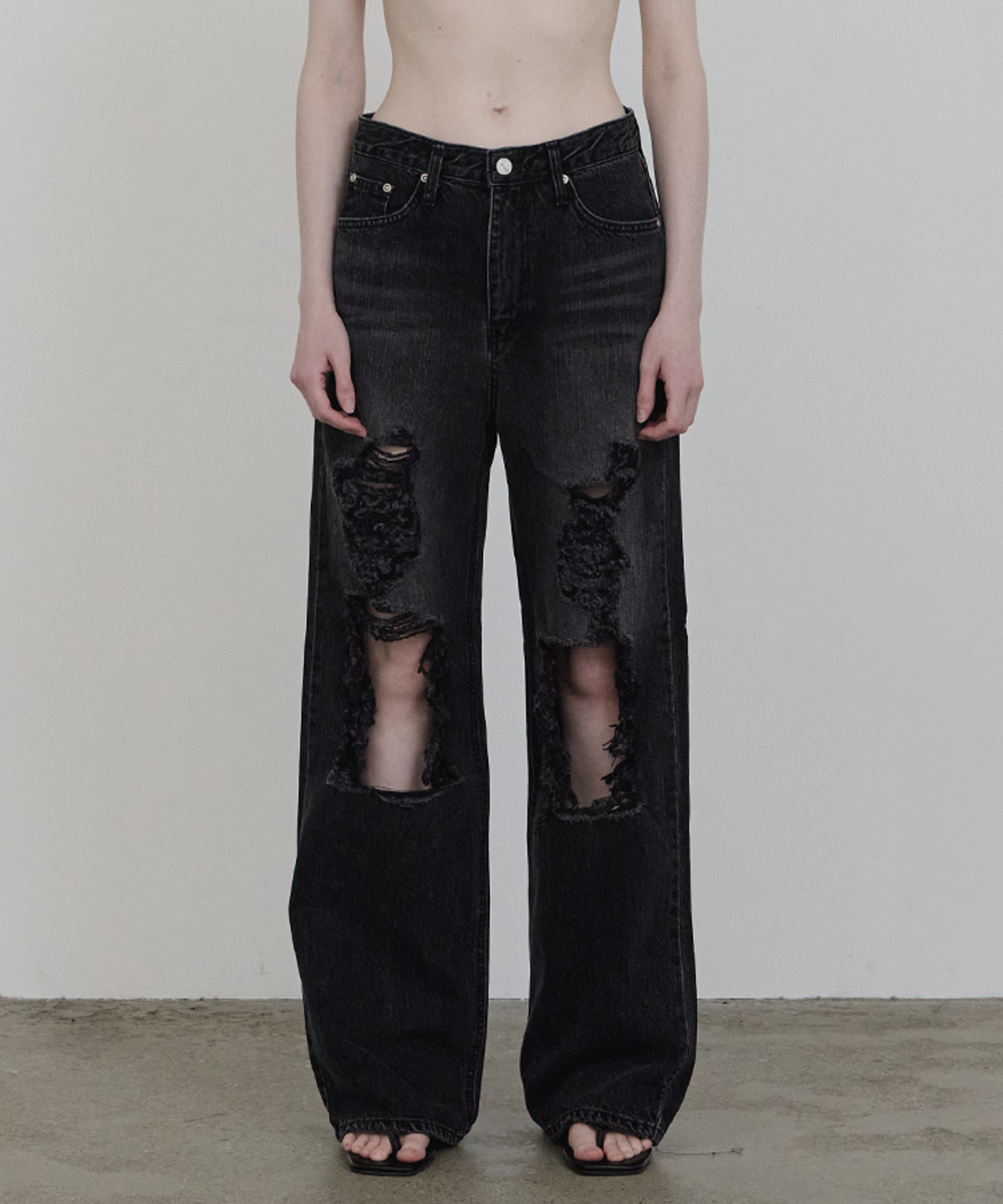 어니브(ANIV) WIDE DESTROYED DENIM PANTS RUSTY BLACK