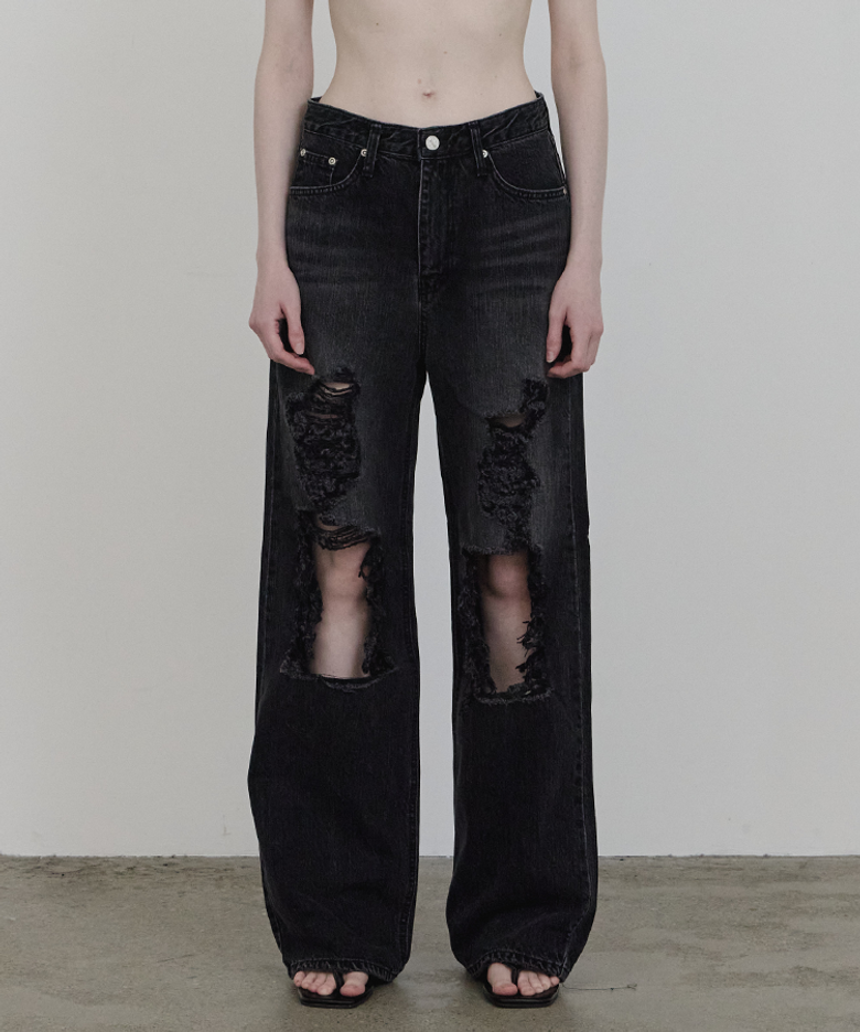 WIDE DESTROYED DENIM PANTS RUSTY BLACK