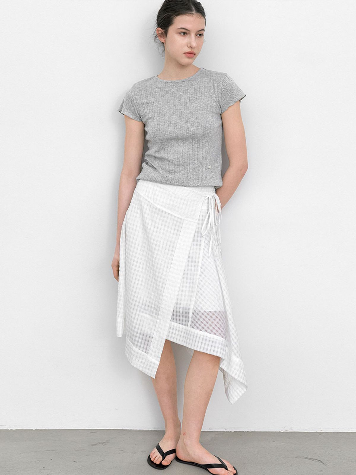 아틀리에 나인(ATELIER NAIN) EMBO CHECK UNBALANCE WRAP SKIRT (SK-5075)