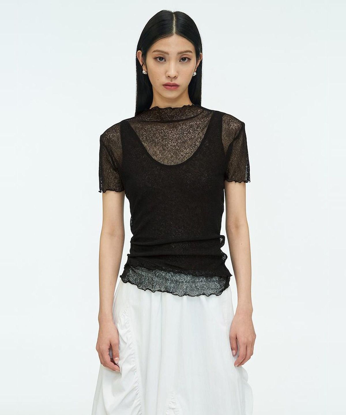 앙개(ANGGAE) Two Layered Net TShirt  Black