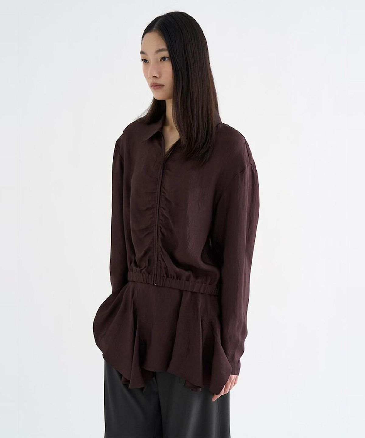 앙개(ANGGAE) Satin ZipUp Shirt  Brown