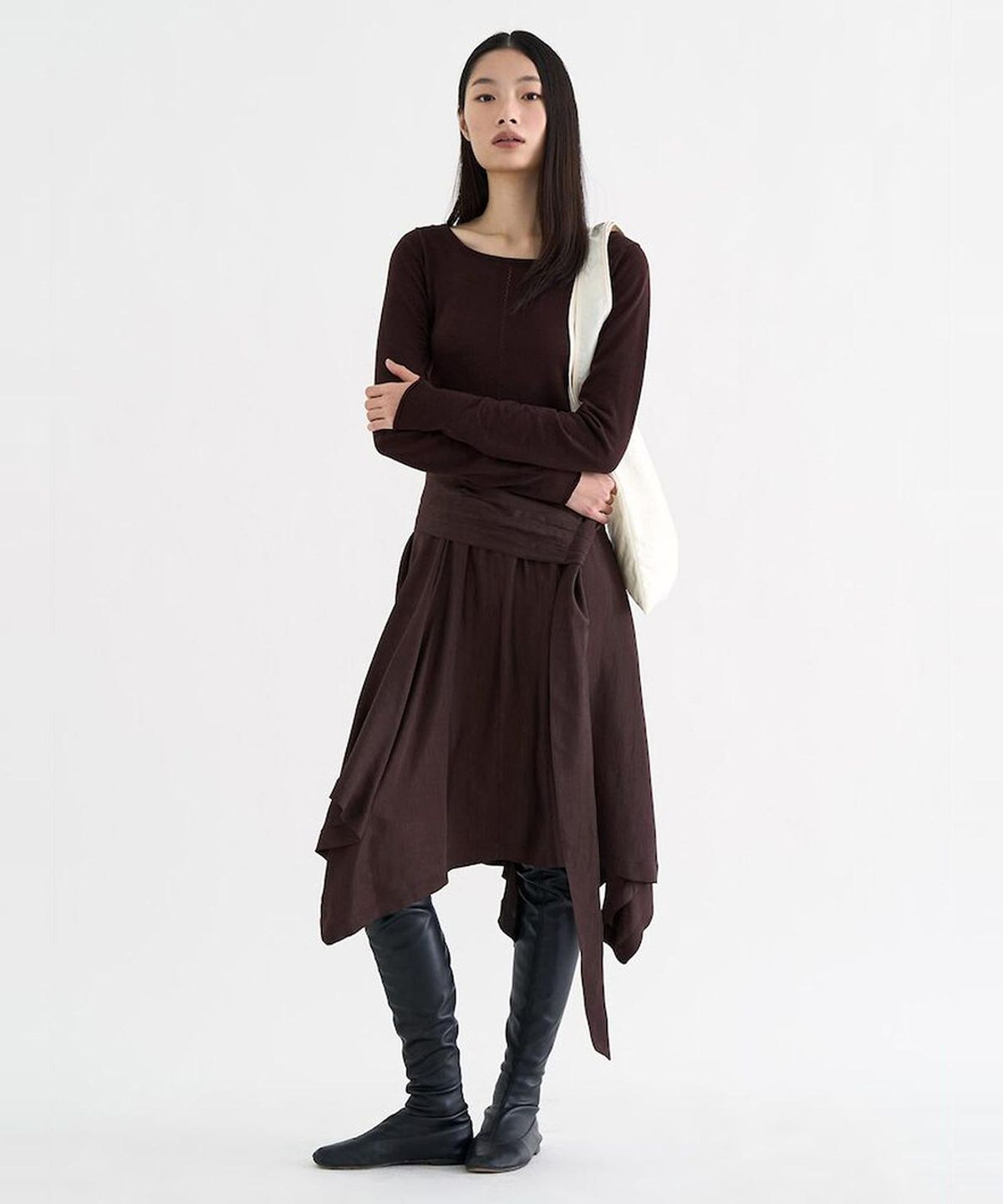 앙개(ANGGAE) Unbalanced Satin Skirt  Brown