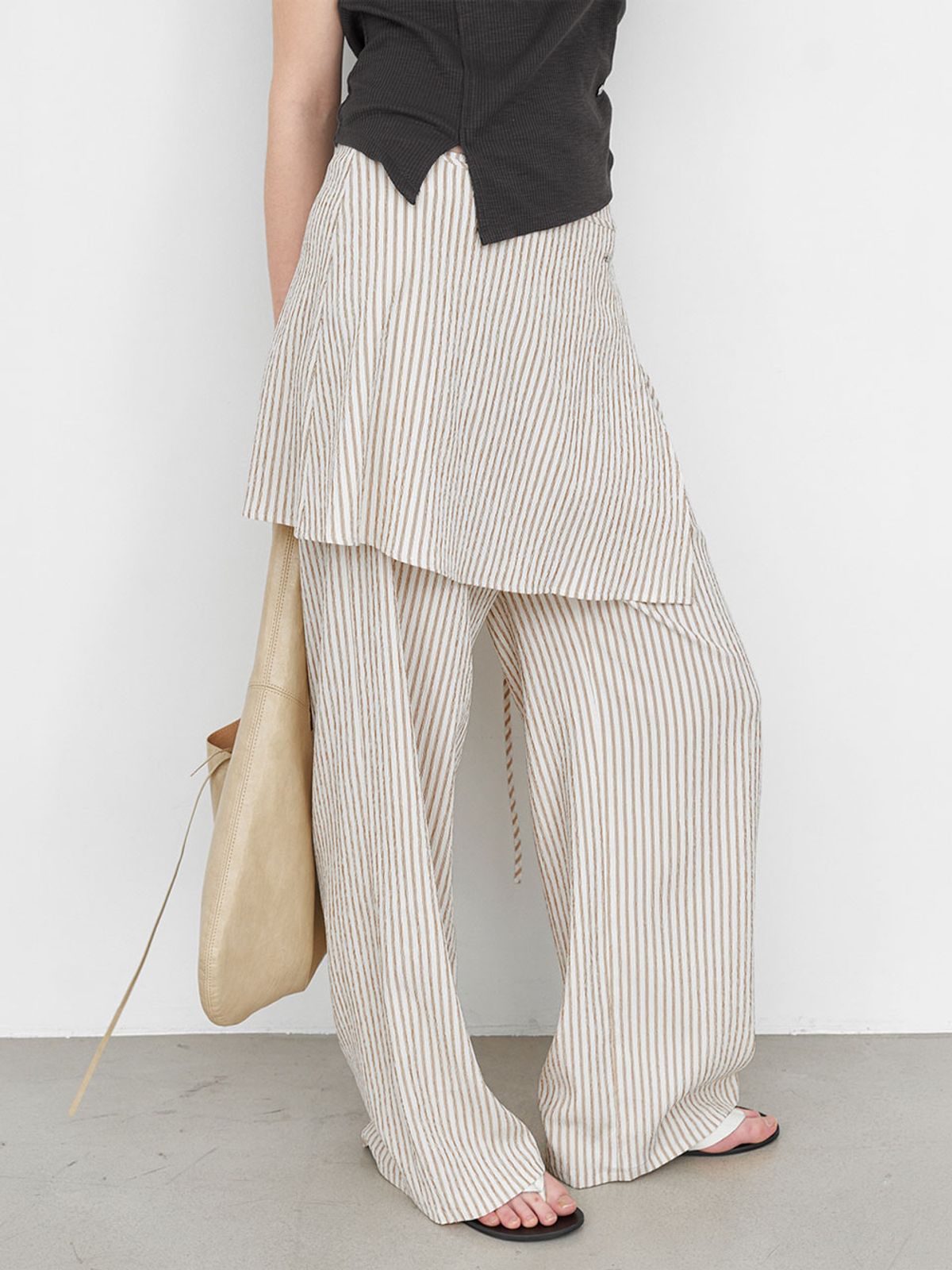 아틀리에 나인(ATELIER NAIN) STRIPE WRAP SKIRT LAYERED PANTS (PT-5778)