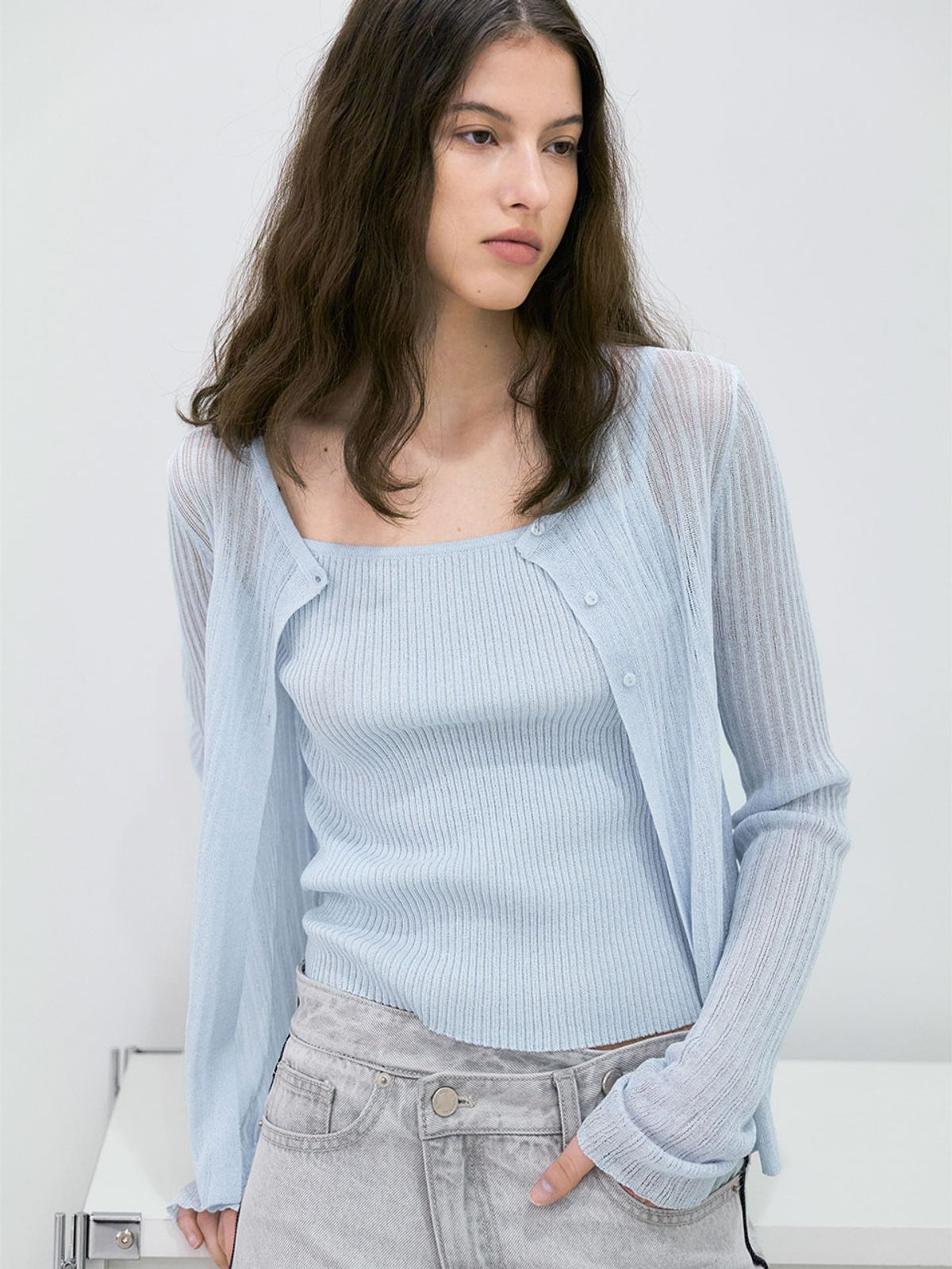 아틀리에 나인(ATELIER NAIN) COOL TOUCH SLIM RIBBED TOP CARDIGAN SET (CD-2262)