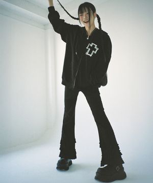 골지 프릴 레깅스 팬츠 - 블랙