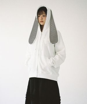 십자가 토끼귀 집업 후드 - 화이트