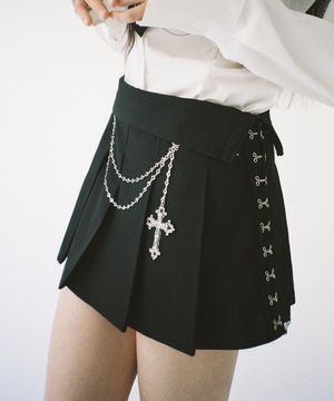 십자가 체인 플리츠 스커트 - 블랙
