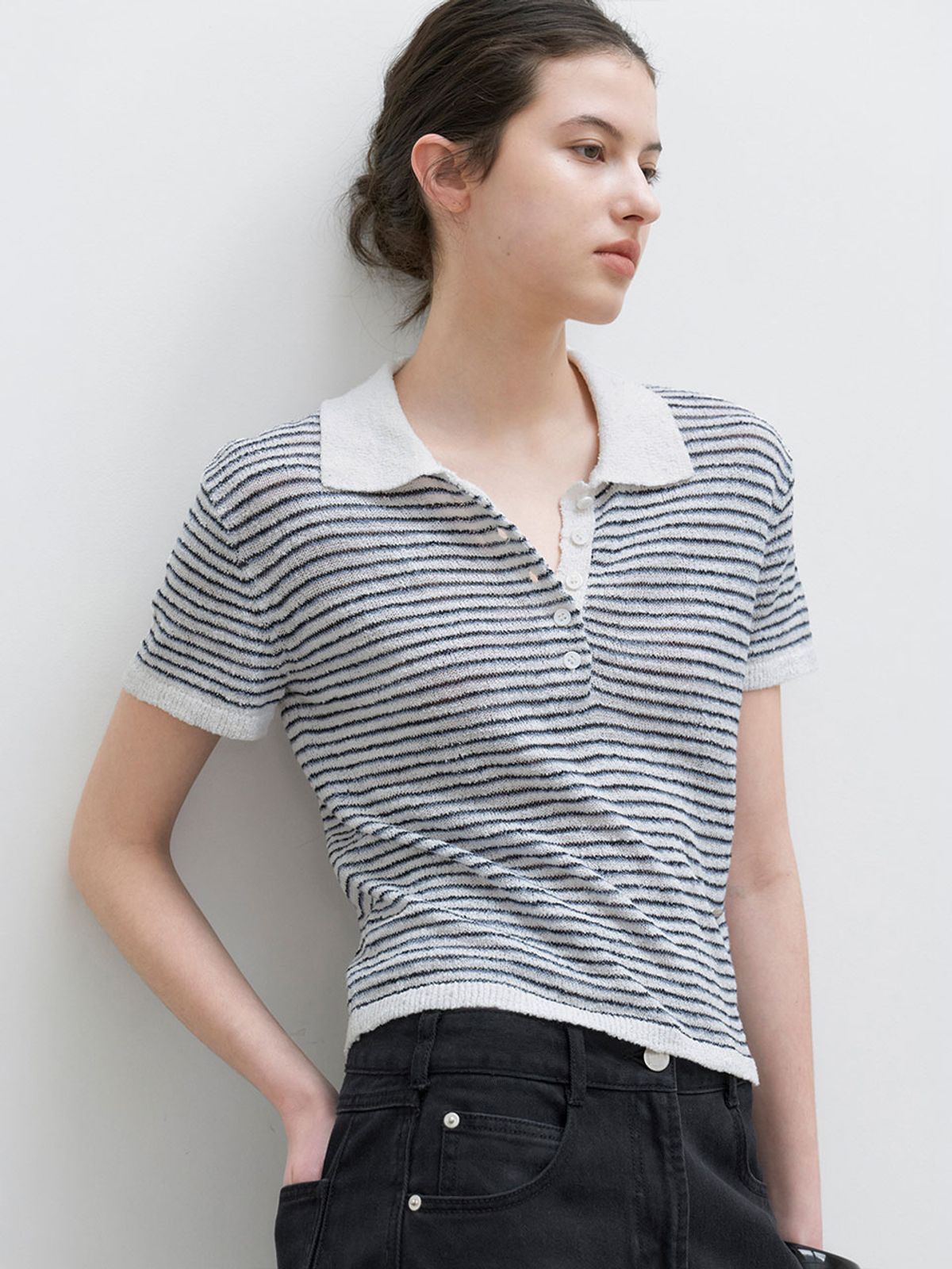 아틀리에 나인(ATELIER NAIN) BOUCLE COLLAR STRIPED KNIT (T-7244)