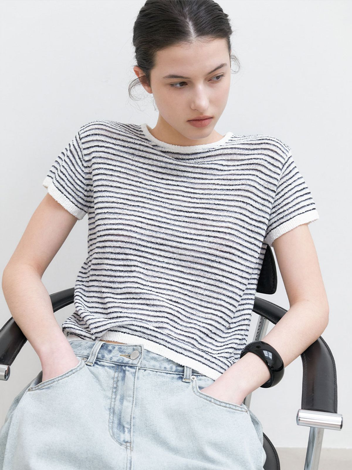 아틀리에 나인(ATELIER NAIN) BOUCLE ROUND NECK STRIPED KNIT (T-7245)