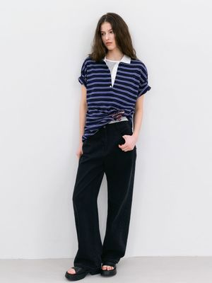LOOSE FIT HALF SLEEVE STRIPED POLO KNIT (T-7242)