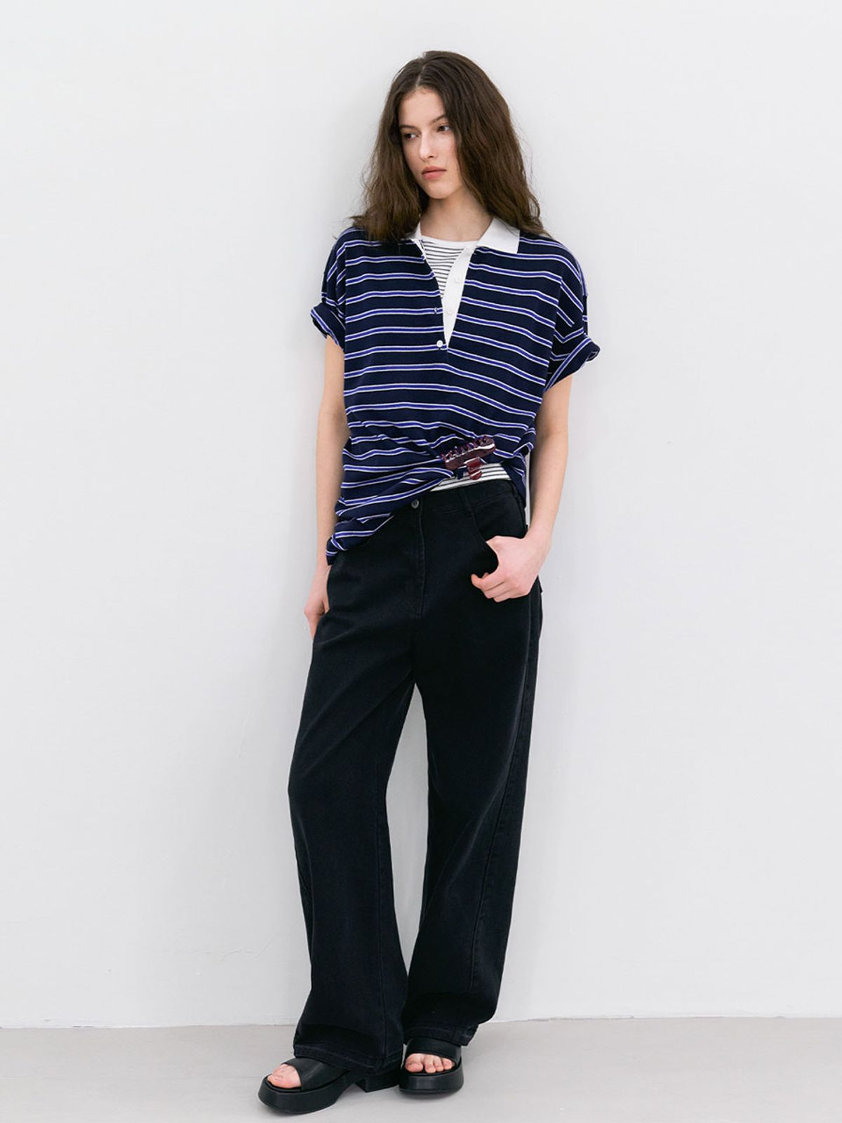 아틀리에 나인(ATELIER NAIN) LOOSE FIT HALF SLEEVE STRIPED POLO KNIT (T-7242)
