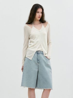 SUMMER BOUCLE LAYERD HALTER NECK KNIT TOP (T-7241)