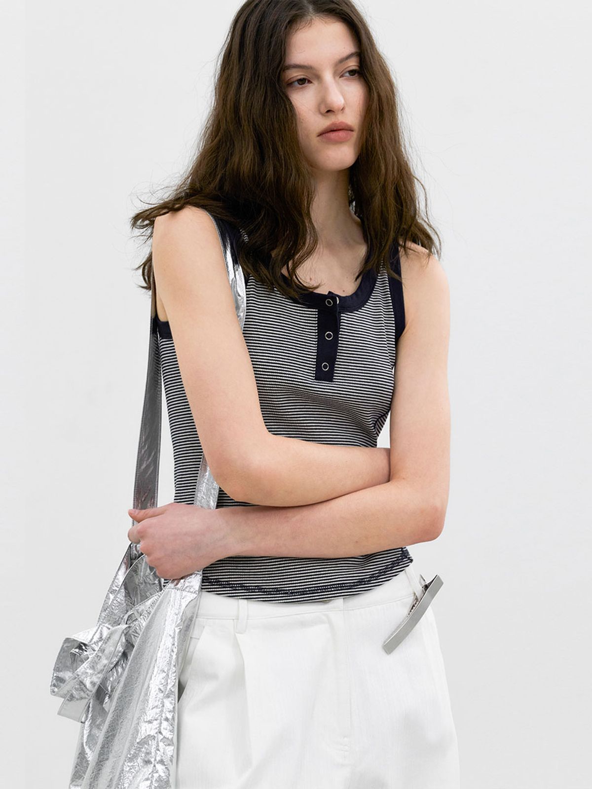 아틀리에 나인(ATELIER NAIN) SCOOP NECK EYELET STRIPE SLEEVELESS (T-7218)