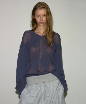 SHEER ARGYLE V-NECK KNIT NAVY