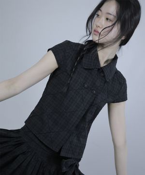 코지 체크 셔츠 블라우스-블랙