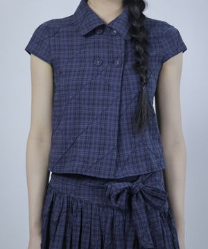 코지 체크 셔츠 블라우스-네이비