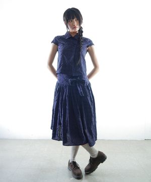 코지 체크 리본 스커트-네이비