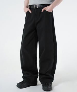 WIDE CURVED COTTON PANTS [BLACK]