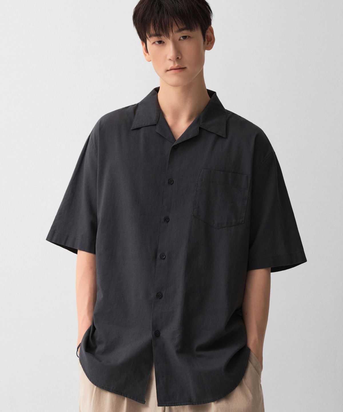 스파오(SPAO) [리넨블렌드] 오버핏 반팔 셔츠_SPYWG25M04
