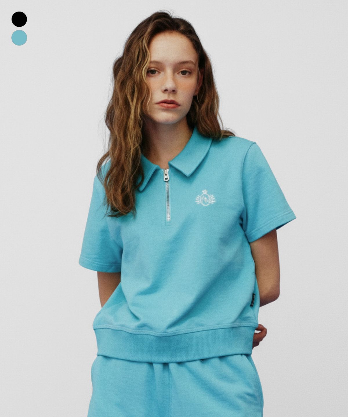 그루브라임(GROOVE RHYME) 여성 카라 반넥 집업 반팔 티셔츠 (LRSMCTC518M)