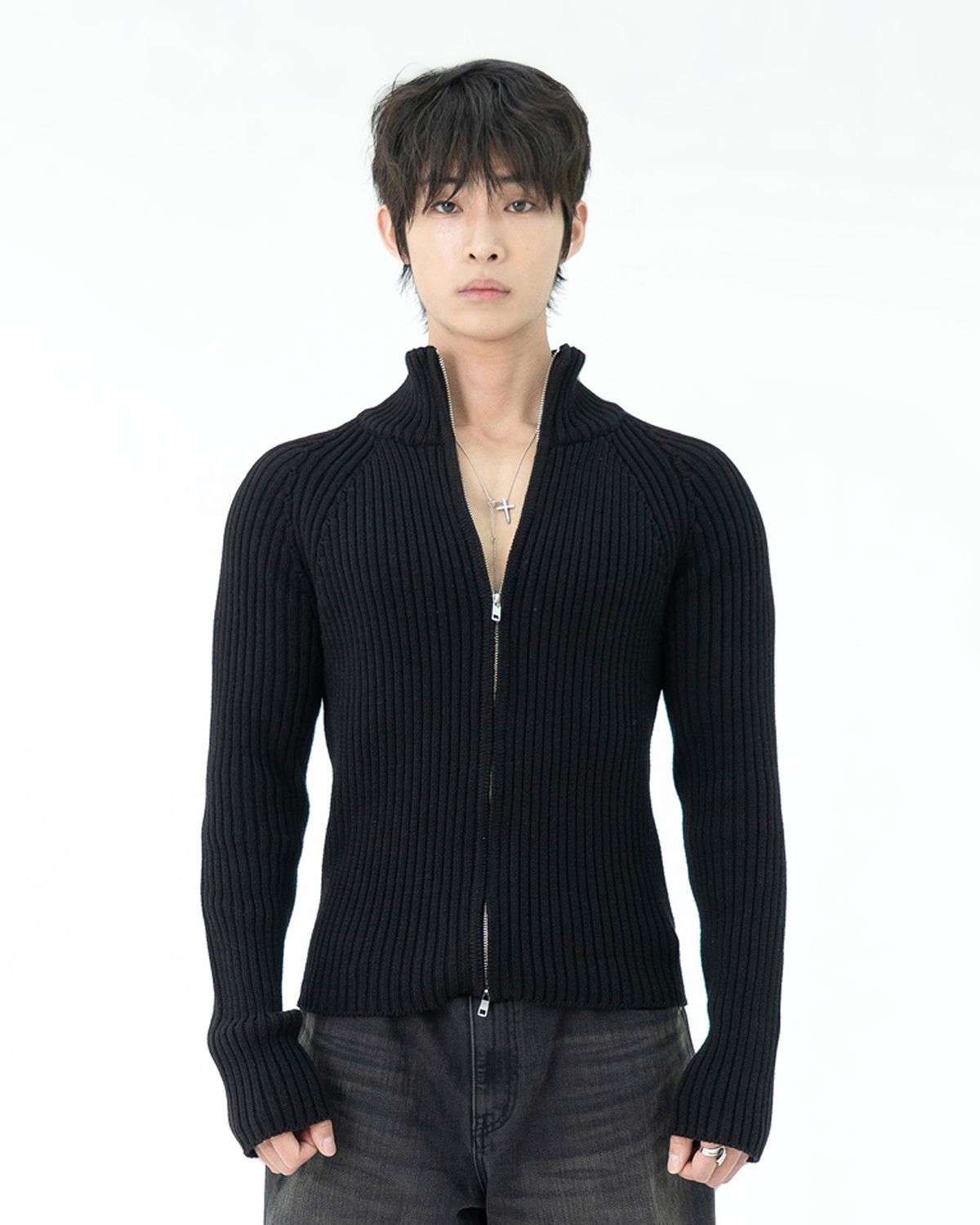 포스333(PHOS333) M Stand Neck Knit Zip-Up/Black