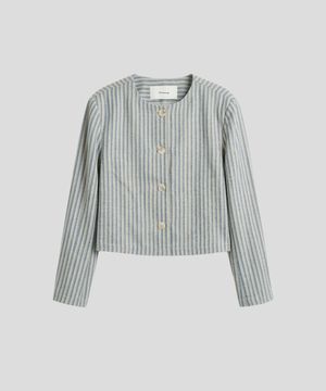 핀스트라이프 크롭 라운드 재킷 [베이지/블루]