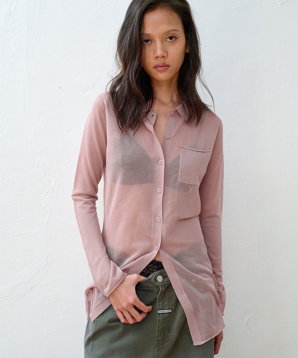 더바이닐하우스(THEVINYLHOUSE) SHEER COLLAR CARDIGAN PINK