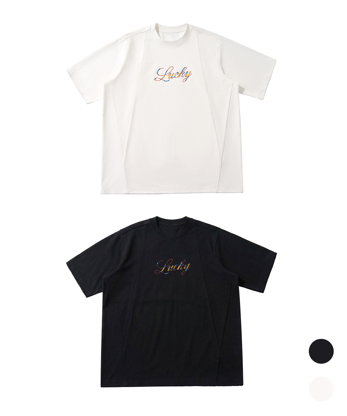 버튼서울(BUTTON SEOUL) 럭키 레터링 프론트 절개 숏슬리브 (화이트/블랙)