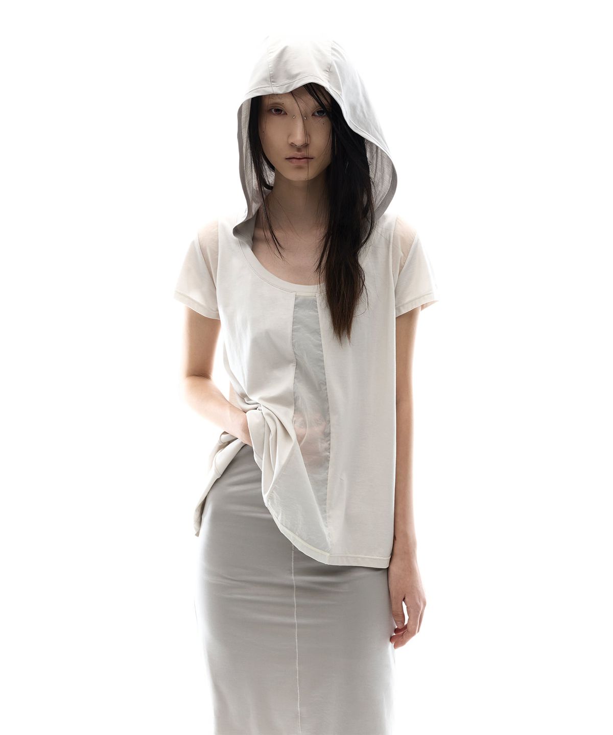 오호스(OJOS) Sheer Panel Flare Tee / Oatmeal