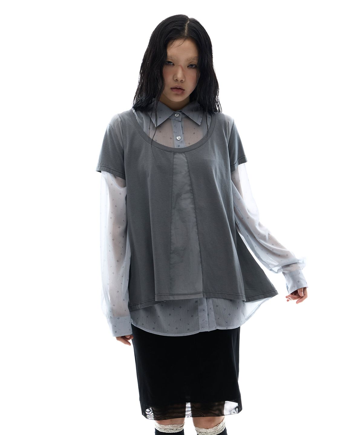 오호스(OJOS) Sheer Panel Flare Tee / Grey