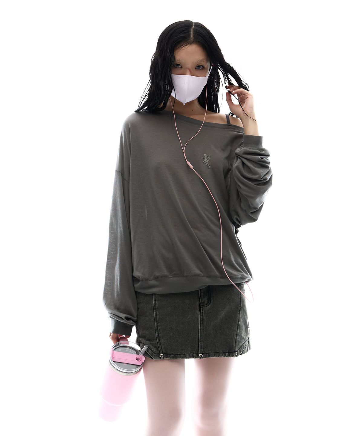 오호스(OJOS) One-Shoulder Oversized Sweatshirt / Charcoal